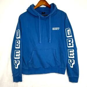 OBEY Worldwide L Hoodie Sweatshirt Blue Logo Skater Streetwear Lettering Summer